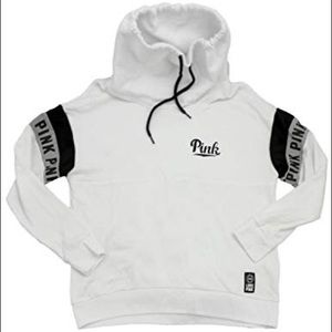 VS PINK White Cowl Pullover w/ Striped Sleeves